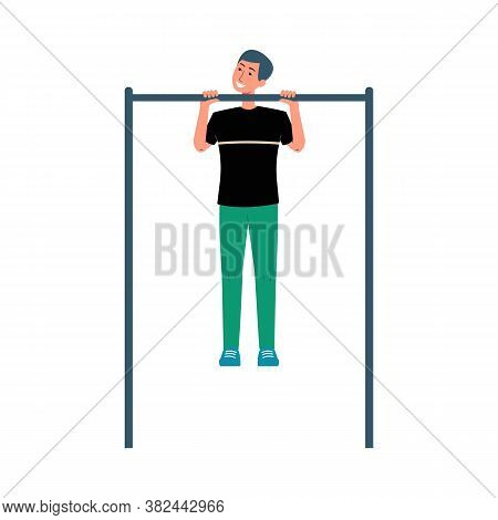 Cartoon Man Doing Pull Up On Horizontal Bar - Sport Lover Doing Fitness Exercise