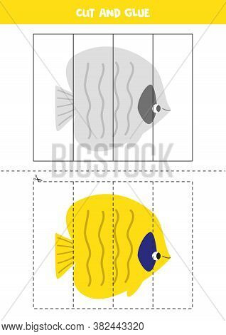Cut And Glue Game For Kids. Cute Cartoon Sea Fish.