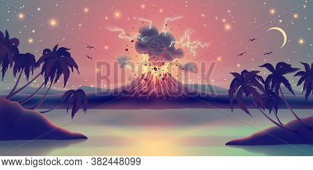 Landscape With Eruption From Volcano Crater, Glowing Lava, Sea, Palm Trees Silhouette Against Starry