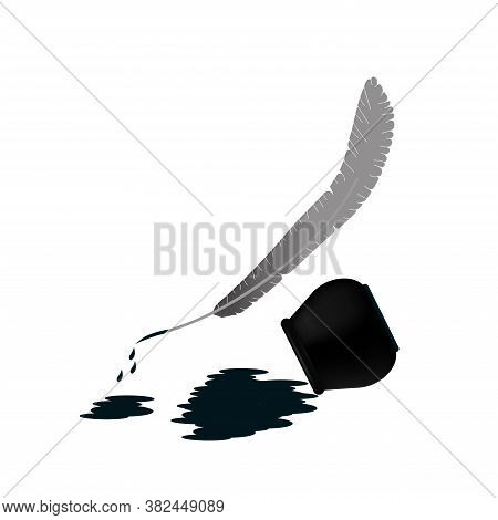 The Pen And The Spilled Ink Lie Side By Side. Ink Spot. Illustration.