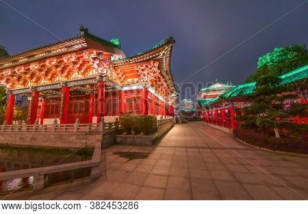 ancitent pavilion in nan chang jiang xi province China at night,All Chinese words only introduce itself which means 