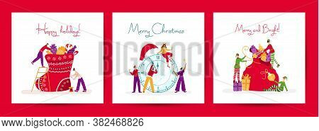 Christmas Or New Year Greeting Cards Set - Miniature Celebrating People And Christmas Elves With Hol