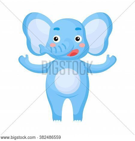 Cute Funny Elephant Print On White Background. African Cartoon Animal Character For Design Of Album,