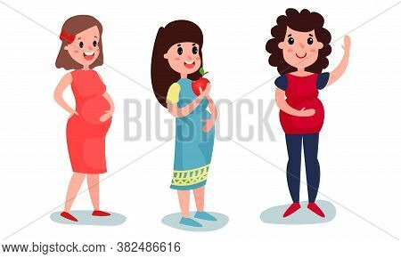 Young Pregnant Woman Eating Apple And Walking Vector Illustration Set
