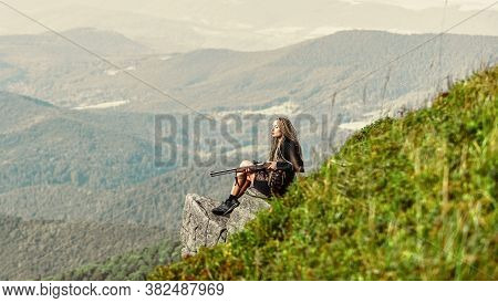 Military Service. Head Hunter Camouflage. Weapon Permit. Army Sniper. Weapon Shop Concept. Woman Ass