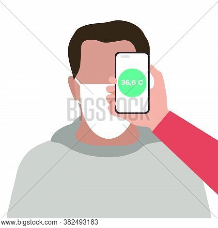Vector Illustration Phone Placed On Forehead Of Person Remotely Measures Temperature. New Technology