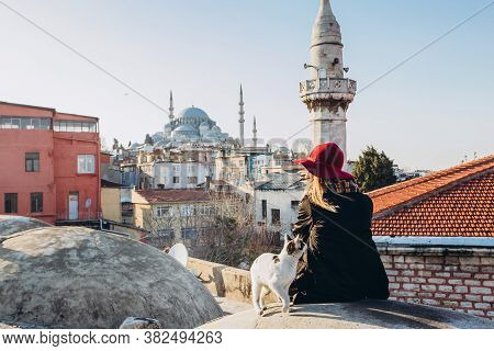 Blond Woman Stroking A Cat On The Roof With A View To The Mosque, Istanbul, Turkey. Girl In A Hat Si