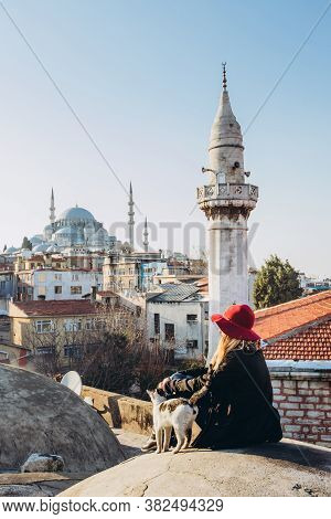 Blond Woman Stroking A Cat On The Roof With A View To The Mosque, Istanbul, Turkey. Girl In A Hat Si