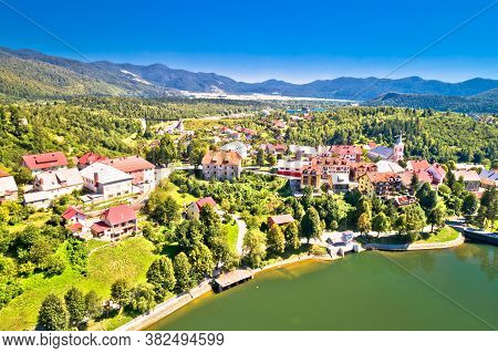 Idyllic Mountain Town Of Fuzine On Bajer Lake Aerial View, Gorski Kotar Region Of Croatia