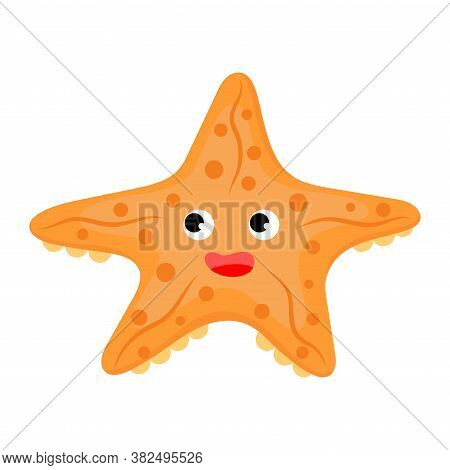 Cute Funny Starfish Print On White Background. Ocean Cartoon Animal Character For Design Of Album, S