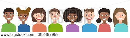 Back To School. Multinational Group Of Smiling Children Isolated. Kids Dressed In Colored T-short St