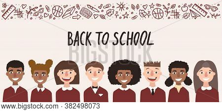 Back To School Template. Multinational Group Of Smiling Children Isolated. Kids Dressed In Uniform S