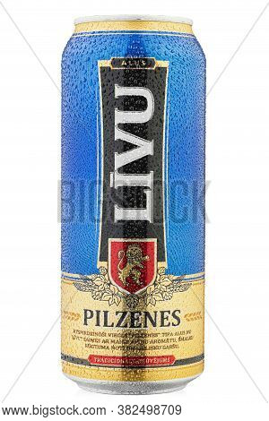 Ukraine, Kyiv - June 23. 2020: Aluminium Can Beer Livu Pilzenes, On White Background. Insulated Pack