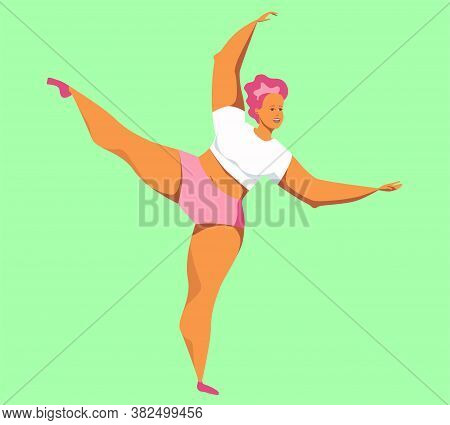 A Cute Girl With Short Hair Cut In Sports Shorts And A T-shirt Stands In Twine Ballet Pose . A Young