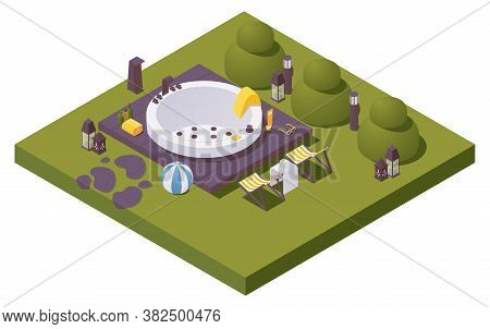 Vector Isometric Large Outdoor Spa Pool In Backyards With Trees, Lightning And Sccessories For Bath 