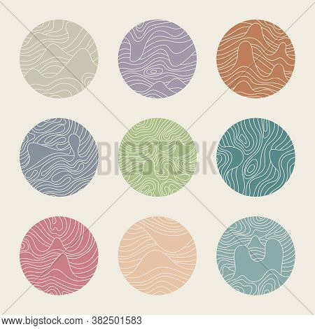 Set Of Round Modern Minimal Logo With Organic Shapes With Dynamic Waves And Lines. Vector Emblem For
