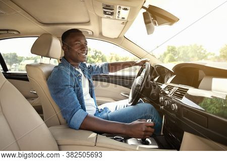 Happy Black Guy In Casual Driving Car, Inside Shot, Copy Space
