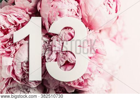 Creative Layout. Peony Flowers, Digit Thirteen. Birthday Greeting Card With Inscription 13. Annivers