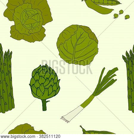 Hand Drawn Green Vegetable Vector Seamless Pattern With Artichoke, Cabbage, Peas, Asparagus And Onio