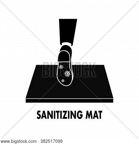 Woman Standing On Disinfection Mat To Clean Shoe From Covid-19 Coronavirus And Bacteria In Black And