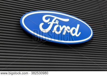 Skanderborg, Denmark - October 21, 2017: Ford Logo On A Building Wall. Ford Is An American Multinati