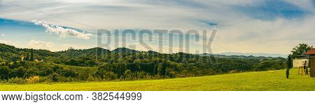Vineyard Landscape At South Styrian Wine Road In Austria. Famous Tuscany Like Tourist Spot For Wine 