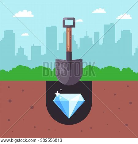 Seek Treasures In The Ground. Dig Up A Diamond In The Soil With A Shovel. Flat Vector Illustration