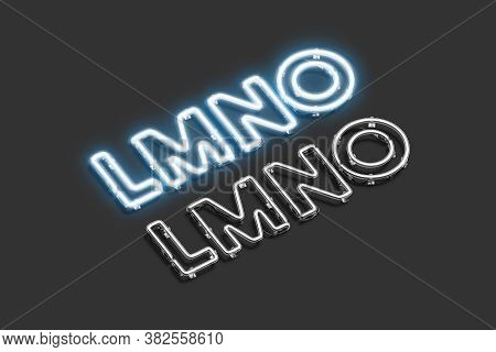 Decorative L M N O Letters, Neon Font Mockup, 3d Rendering. Empty Electricity Bright Typeset For Bar