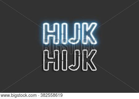 Decorative H I J K Letters, Neon Font Mock Up, 3d Rendering. Retro Decor Character With Blue Lamp Al