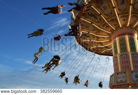 Copenhagen, Denmark - 16th August 2016 - People Having Fun At The Flying Chair Ride In Tivoli, Copen