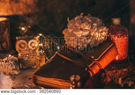 Mysterious Halloween Scene, Witchcraft Practicing, Ritual Candles. Fairytale, Fairies Theme, Gemston