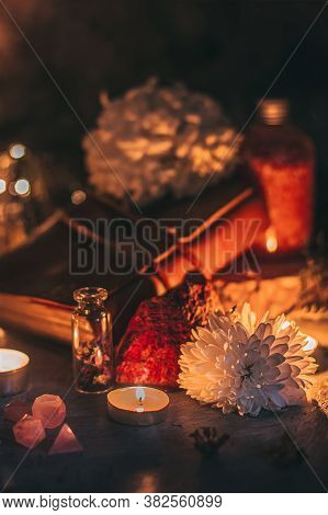 Mysterious Halloween Scene, Witchcraft Practicing, Ritual Candles. Fairytale, Fairies Theme, Gemston