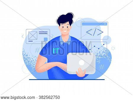 It Guy With A Laptop Vector Modern Illustration - Blue Color. Smiling Young Man Portrait In Glasses,