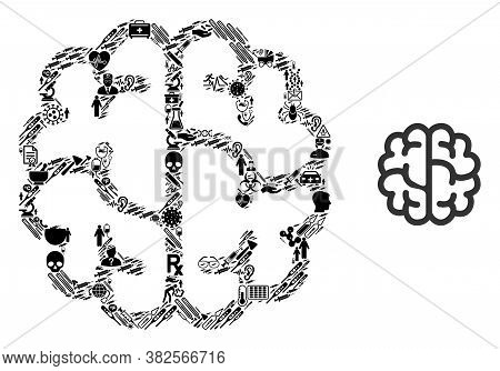 Mosaic Brain With Medical Icons And Basic Icon. Mosaic Vector Brain Is Designed With Medic Icons. Ab