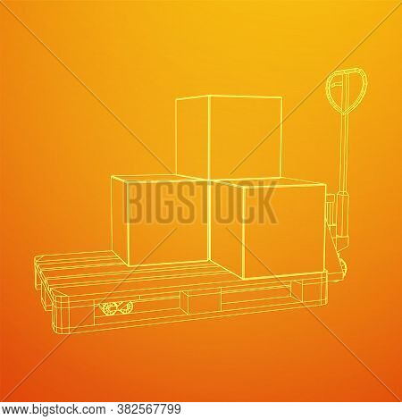 Hand Pallet Jack Lift With Pallet And Stacked Goods Cardboard Boxes. Manual Forklift. Logistics Ship