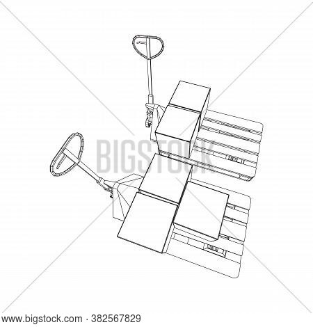 Hand Pallet Jack Lift With Pallet And Stacked Goods Cardboard Boxes. Manual Forklift. Logistics Ship