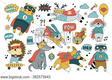 Set Of Animals In Funny Comics Costume. Cute Vector Illustration With Hare, Fox, Owl, Mouse, Hedgeho