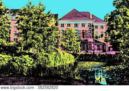 Lush Garden And Pond With Huge Mansion In Tielt. A Charming And Quiet Village In The Belgian Country