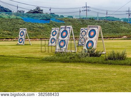 Seosan, South Korea; August 14, 2020: For Editorial Use Only. Targets Setup For Archery Practice In 