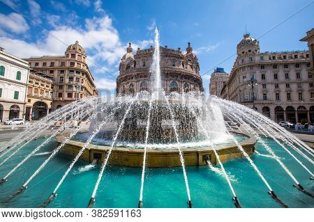Genoa, Italy. August 23, 2020: Fountain In Piazza Raffaele De Ferrari In The City Of Genoa In Italy.