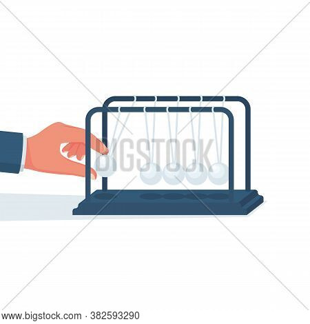 Businessman Launches Pendulum Balls. Start-up Concept. Newtons Cradle. Sphere Hanging On Threads. Ve