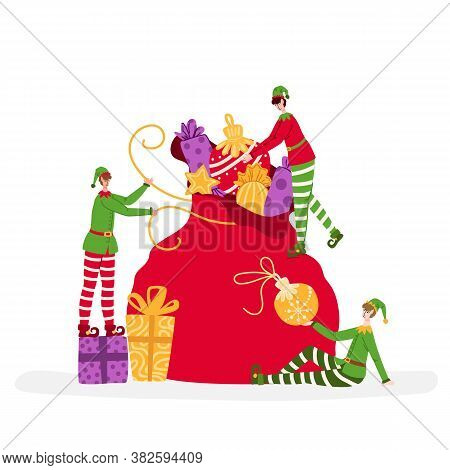 Greeting Card - Christmas Miniature Elves Are Packing Large Gift Bag, Characters And Bright Holidays