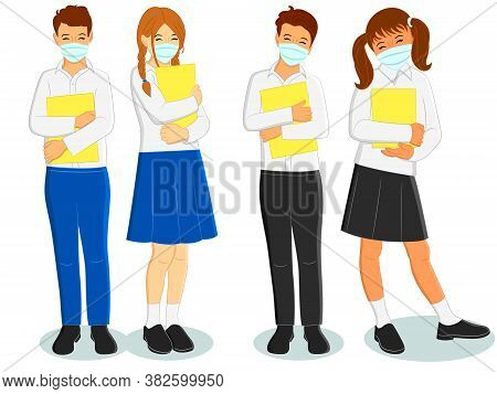 Set Of Smiling School Students In Uniform And Face Mask. Cute Children Cartoon Simple Flat Vector St