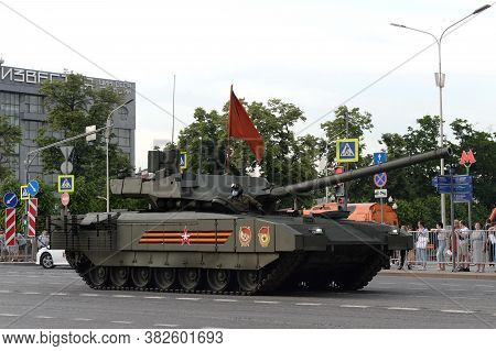 Moscow, Russia - June 17, 2020:russian T-14 Armata Battle Tank On A Heavy Tracked Platform  On Tvers