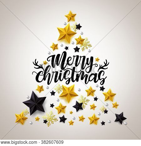 Christmas Greeting Card Vector Template Design. Merry Christmas Text With Star, Ball And Snow Flakes