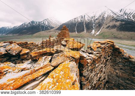 Ancient Stone Fortress On Mountain Background Near Karatkau Village, Kazbegi District, Mtskheta-mtia