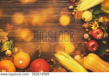 Thanksgiving Background, Food Autumn Harvest Concept. Rustic Table With Apples, Pumpkins, Nuts, Grap