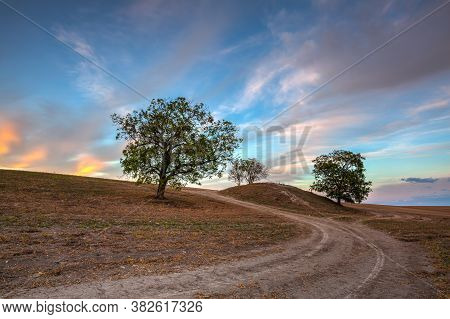 On The Dirt Road Between Empty Field After Harvesting In Summer Evening. Czech Republic. Amazing Sun