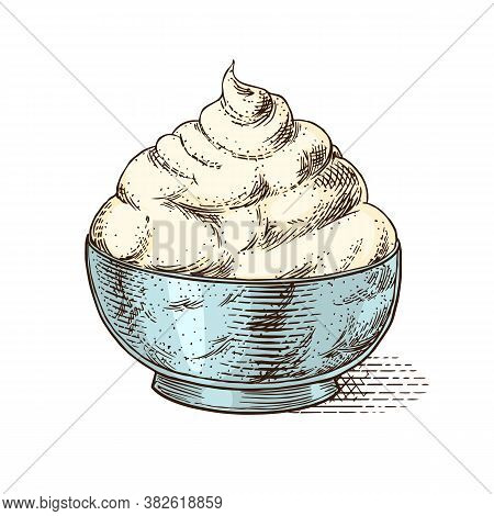Cheese Mascrapone For Market Or Grocery Store. Fresh Organic Milk. Vector Engraved Hand Drawn Sketch