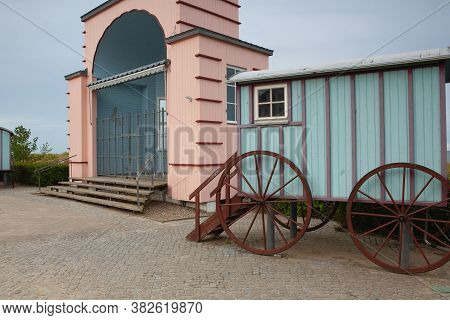 Historic Bathing Cars On The Promenade, Bansin Beach Resort, Germany. Funny Bathing Cabin On Usedom 